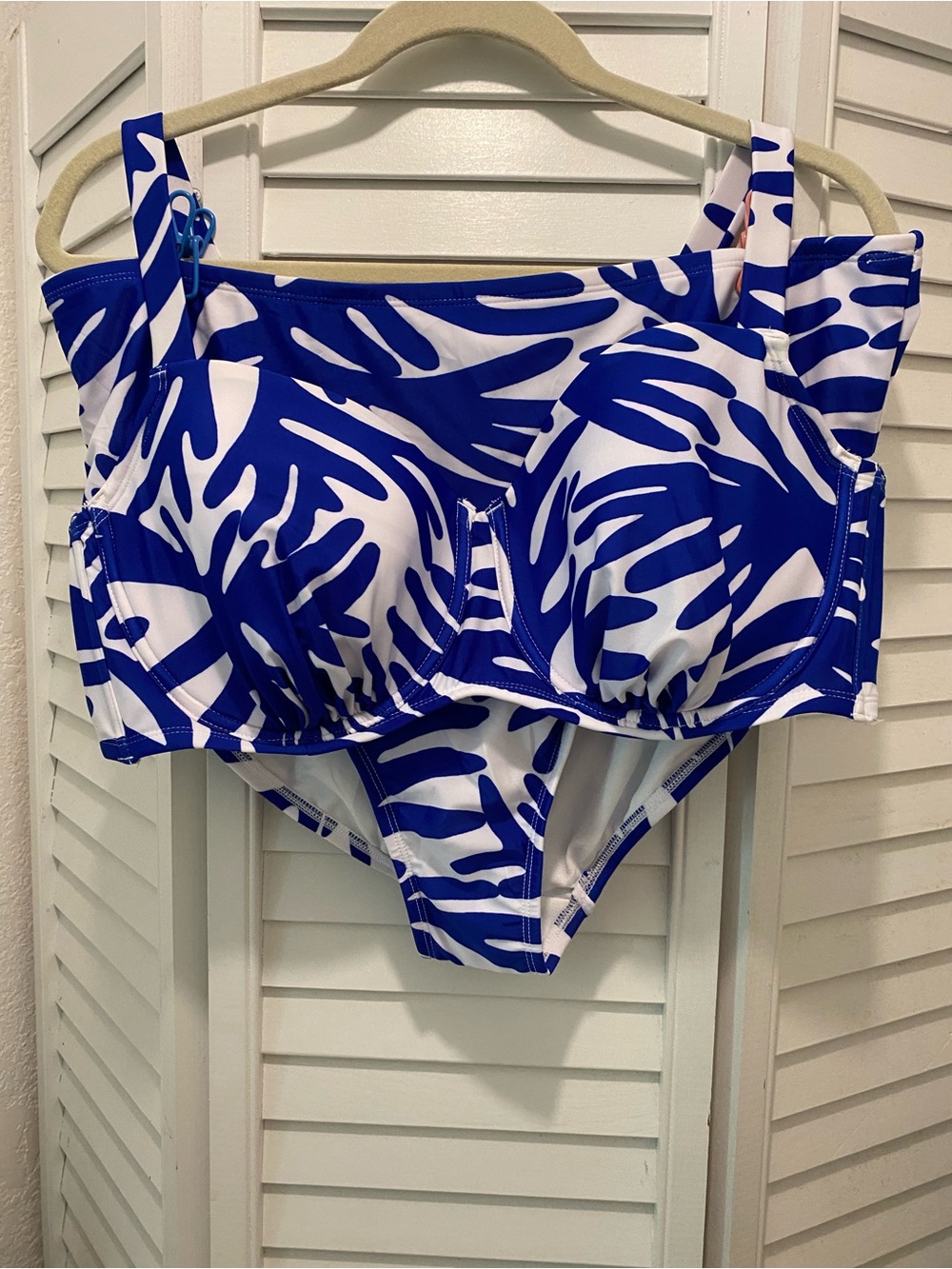 Kona Sol Women’s 2pc “Underwire Top Coral Print Swimsuit” Size 1X Blue/Wht NWOT